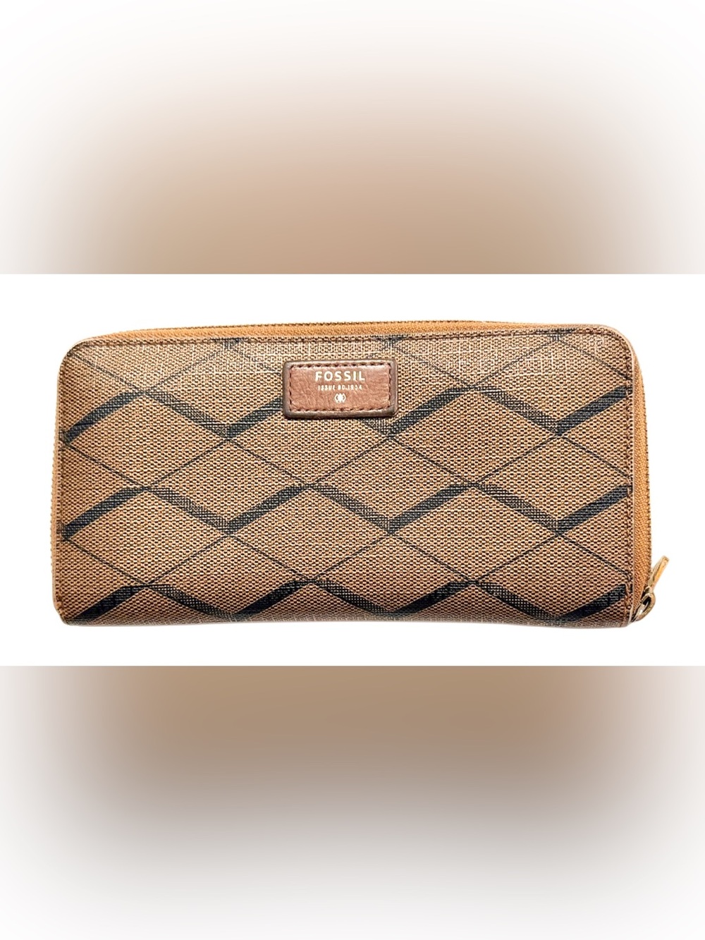 Fossil Brown Geometric Zip Around Wallet Organizer